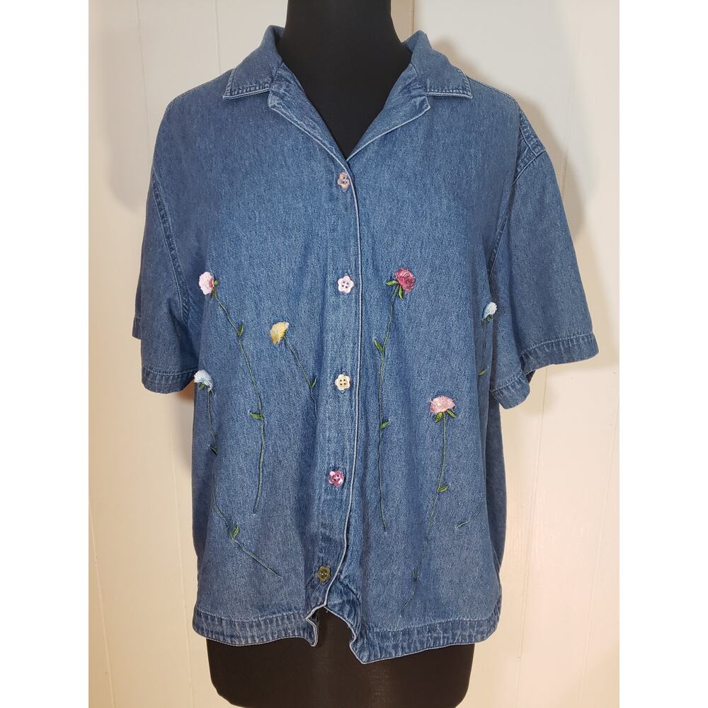 Lemon Grass  2pc denim button up 22W blouse with 2X Denim florals - Picture 3 of 9